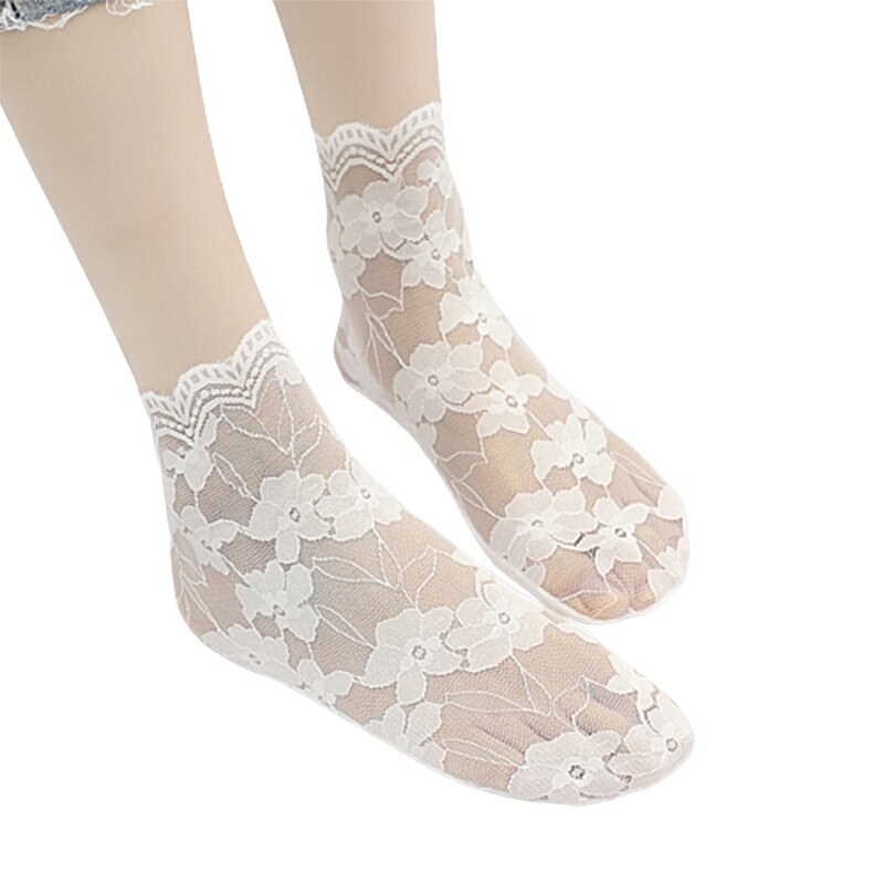 L93F 1 Pair Women's Floral Lace Fishnet Ankle Socks Cotton Stretch Hollow Out Dress Sock for Women Girls Short Stockings: White