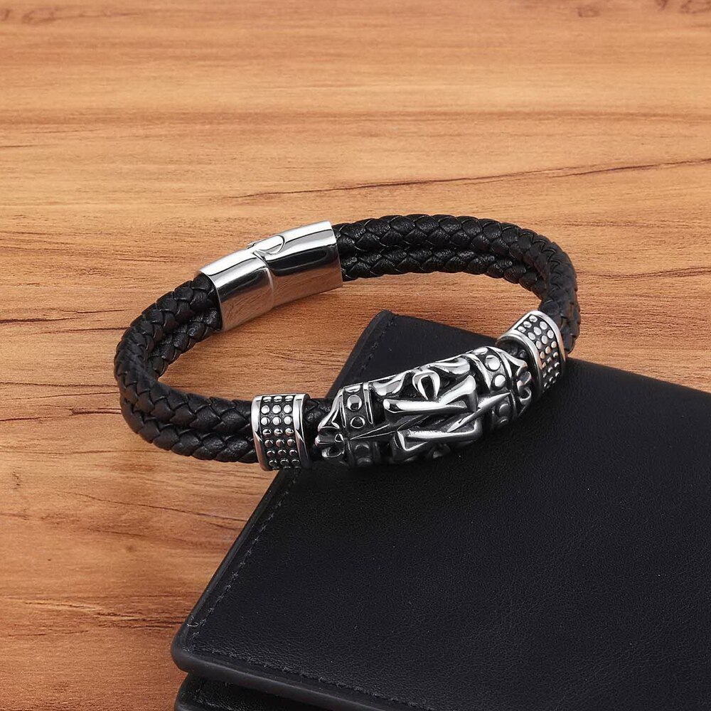 Classic Men Jewelry Leather Bracelets Stainless Steel Bracelets Black Rope Chain Wristband for Male Magnet