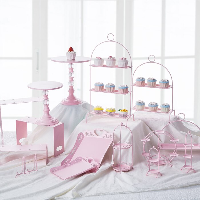 Roze Zoete Dessert Tafel Leverancier Baker Showcase Cake Stand Bruiloft Props Decoratie Gereedschappen Hollow Lace Tray Dessert Candy Bar