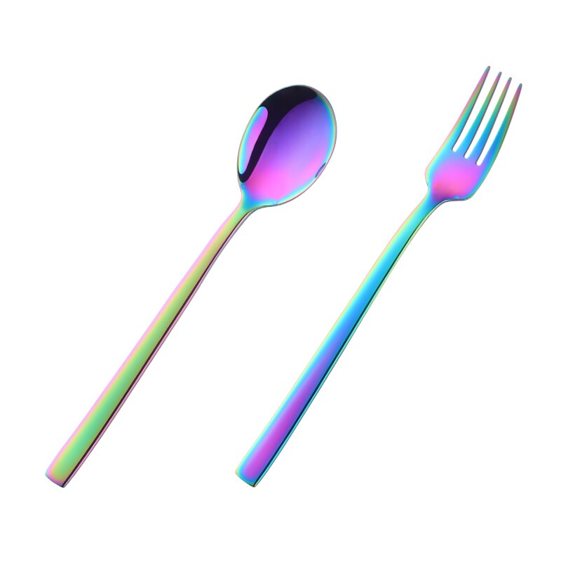 2PC Korean Spoon and Fork Set Stainless Steel Soup Spoon Blue Dinnerware With Long Handle Metal Gold Spoon And Fork: Rainbow NO.0 1 Set