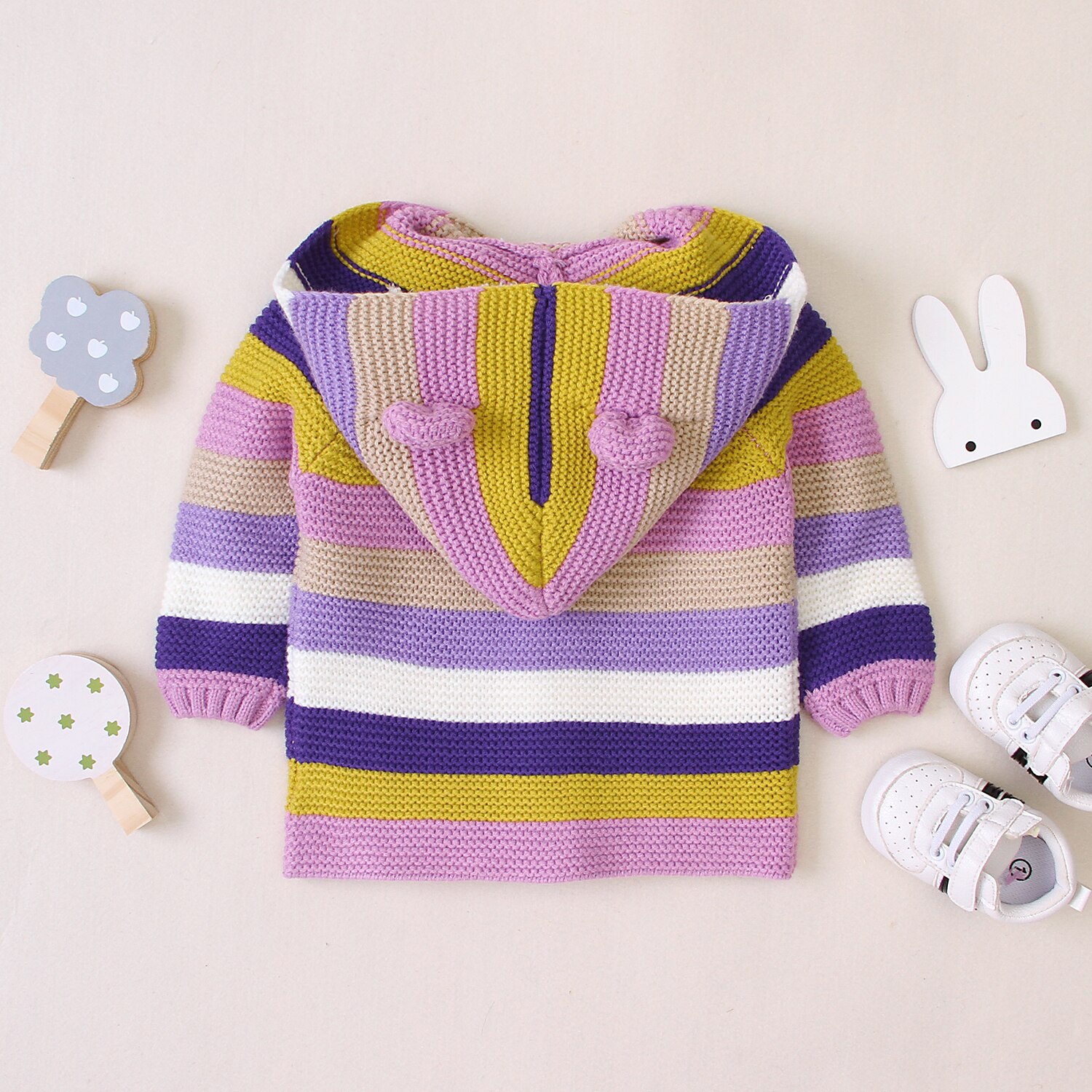 FOCUSNORM 0-24M Causal Baby Girls Boys Sweater Coats Colorful Striped Print Hooded Knit Warm Coats