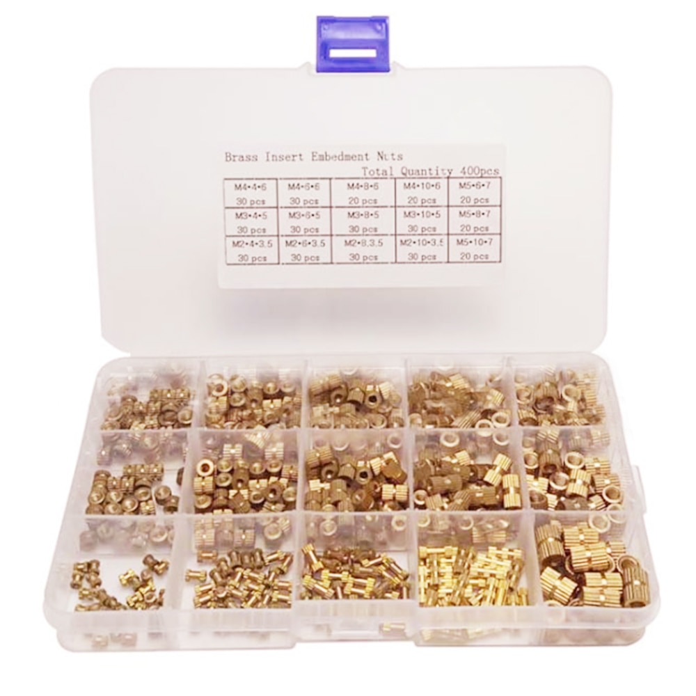 400Pcs/Lot Nuts M2 M3 M4 M5 Brass Female Thread Knurled Threaded Insert Round Injection Moulding Knurled Nuts Assortment Kit