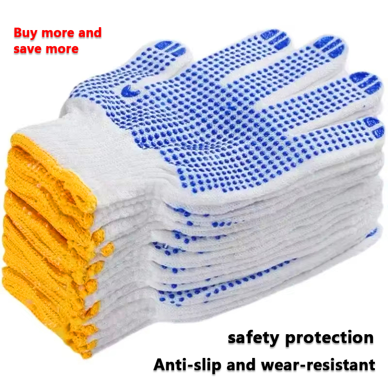 Guantes de algodón de goma blanca y azul, antideslizantes, resistentes al desgaste, goma engrosada, adecuados para el trabajo y la protección del trabajo, 1/2/5 pares