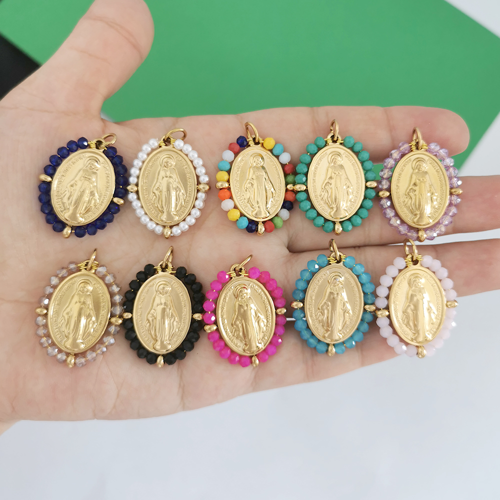 QMHJE-collar con colgante de la Virgen María para mujer, gargantilla, cadena de cuentas, Color dorado y plateado, joyería colorida de arcoíris de acero inoxidable