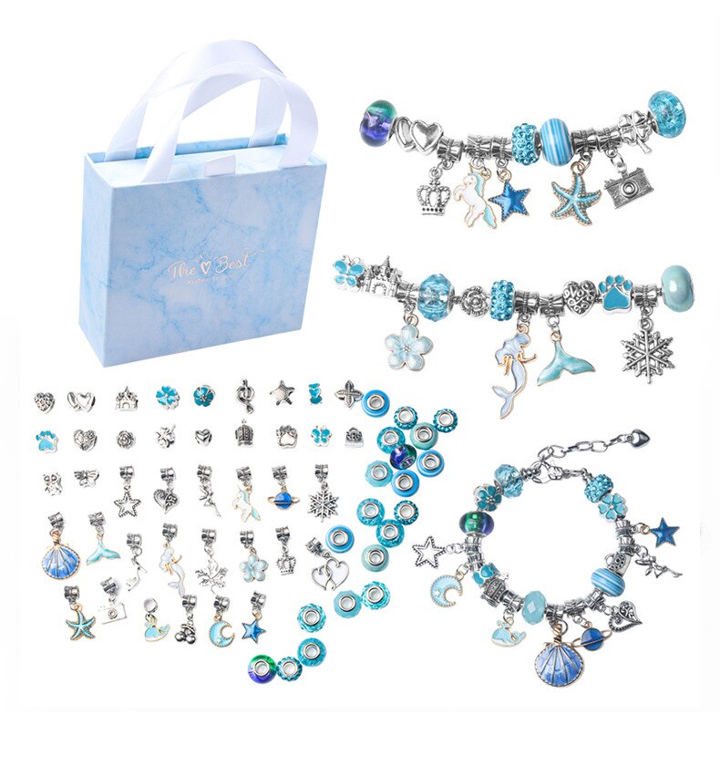 Mädchen DIY Charme Armband Halsketten Schmuck Machen Kit mit Rosa Box für Mädchen Frauen Valentines Geburtstag Weihnachten: blue