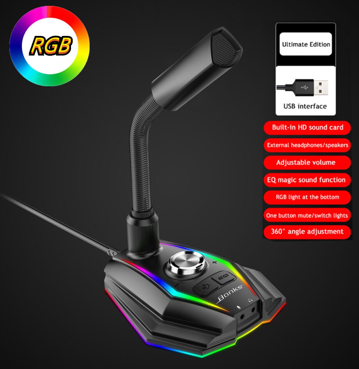 RGB Computer Microphone Free Drive Noise Reduction 360° Rotate USB AUX HD Receiver Omnidirectional Condenser Gaming Mike