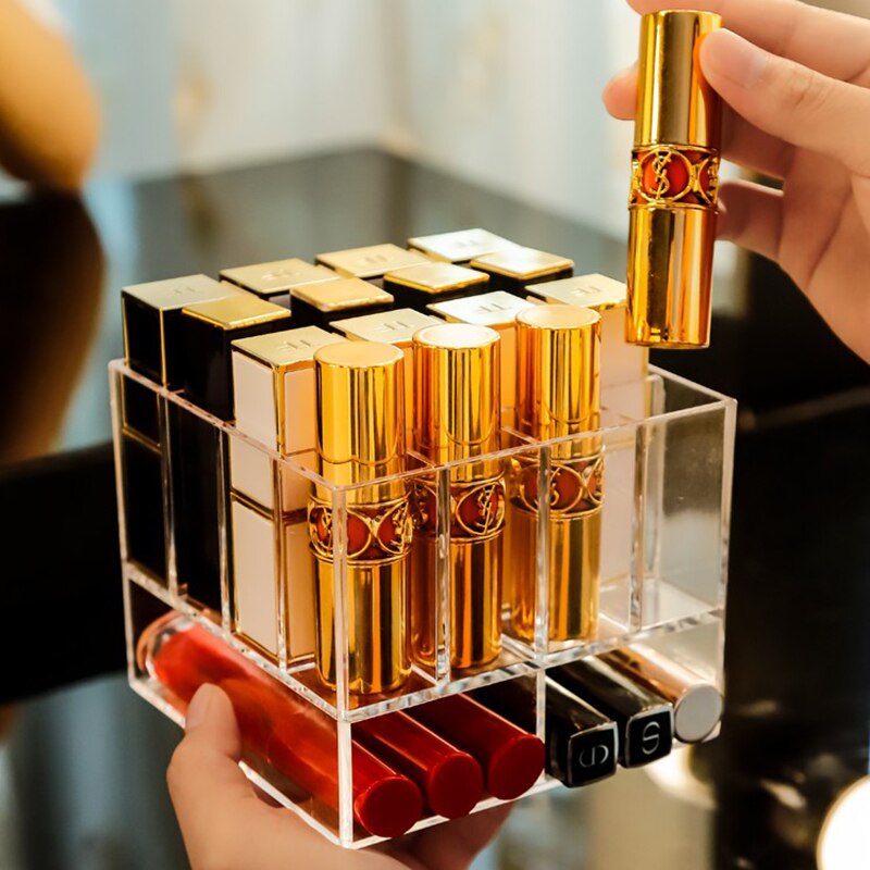 18 gitter makeup organizer læbestift opbevaring boks makeup børste holder gennemsigtig plast boks akryl læbestift lodret display