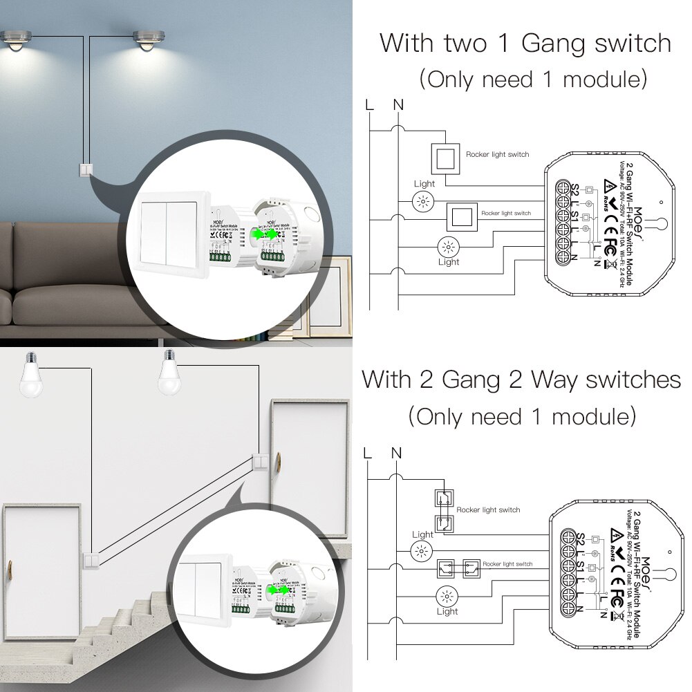 2 Gang Wi-Fi Switch Module Intelligent Light Switch Hidden Voice Control Compatible Alexa/ Google Home APP Control