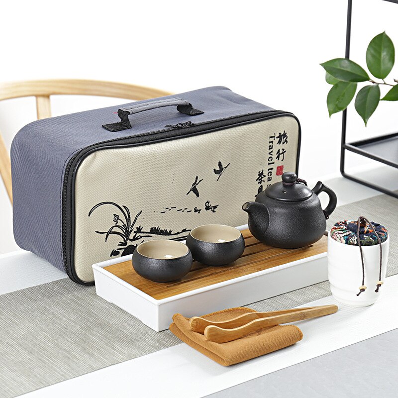 Chinese traditional black pottery traveling tea utensils high-end travel portable hotel tea set tea pot storage tea tray: Plum