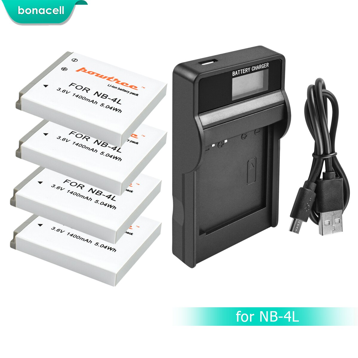 Bonacell 1400mAh NB-4L NB4L NB 4L Batteria Bateria + LCD Caricabatteria per Canon IXUS 30 40 50 55 60 65 80 100 PowerShot SD1000 1100 L10: 4 Pack Battery