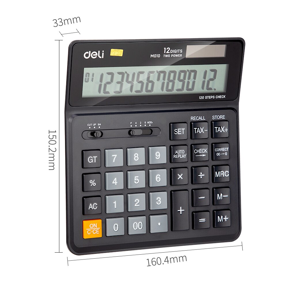 Deli 120 steps check function Tax Calculator Business office finance destop 12 digit dual power solar Black EM01020
