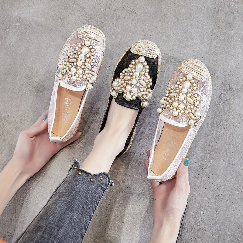 Strass Perles Espadrilles Femmes Sandales Maille Chaussures Plates D'été Respirant Lolita Sans Lacet Dames Chaussures Mocassins