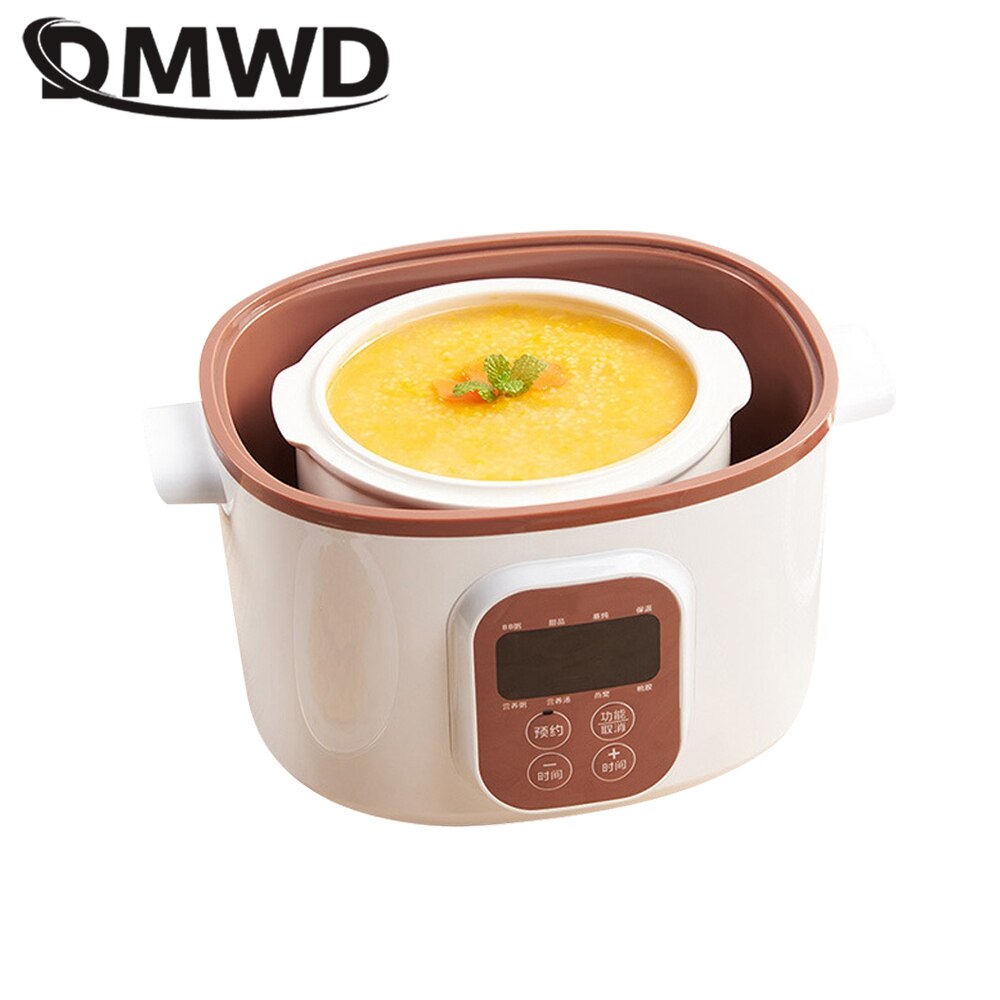 DMWD Household Electric Slow Cooker Stew Pot Food Steamer Pot Breakfast Maker Porridge Soup Cooking Machine 9.5h Appointment