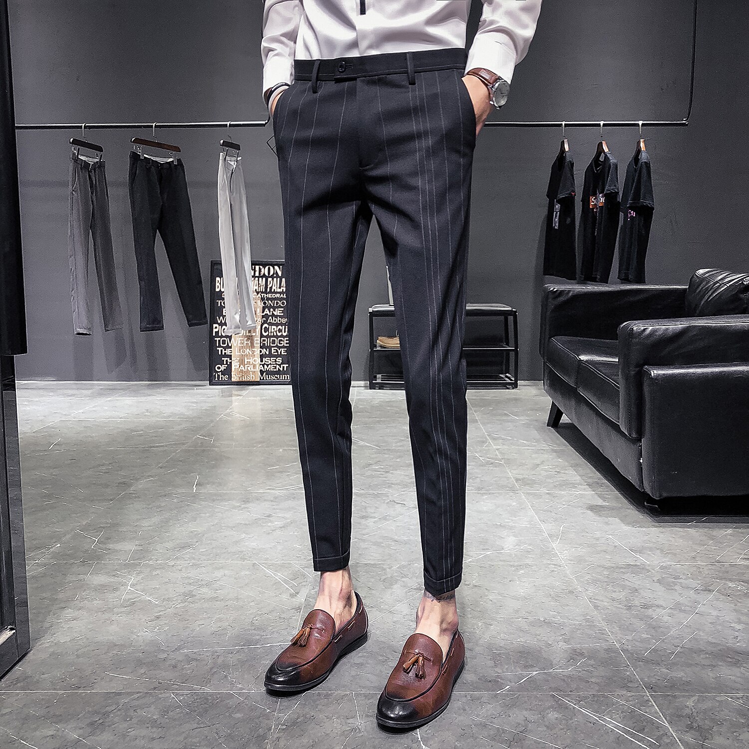 Pantalones ajustados de rayas para hombre Formal pantalones de traje de oficina de negocios Casual masculino joven versión coreana pantalones atractivos