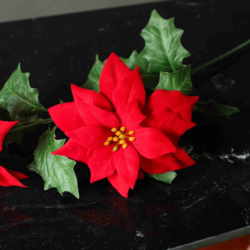 1 Branch 2 Heads Real Touch Cloth Christmas Flowers Artificial Christmas flowers Red Poinsettia vase photography props Ornaments