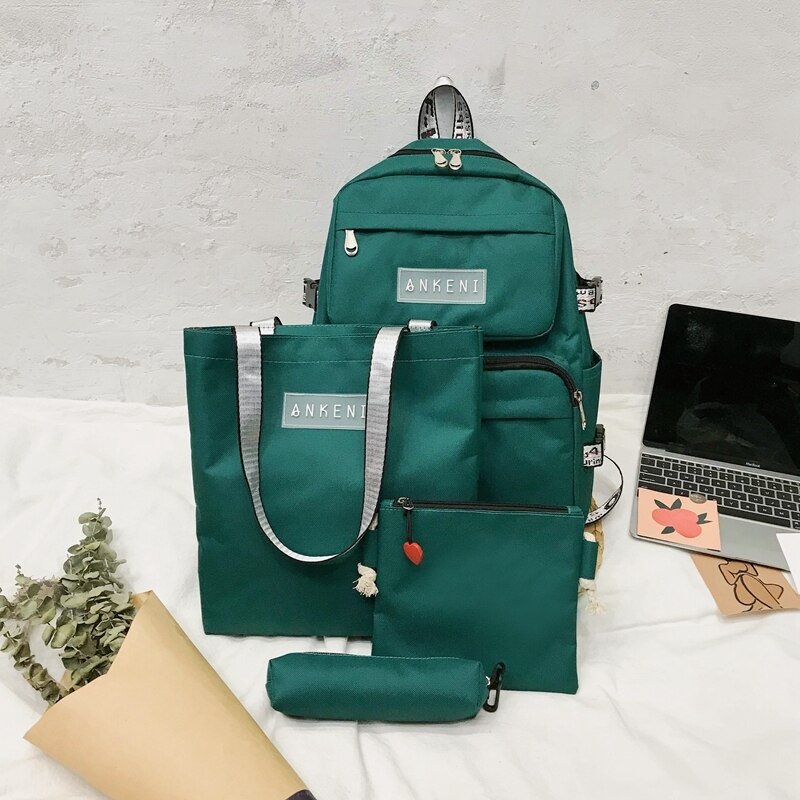 4 pièces ensemble sac d'école pour adolescentes Oxford femmes sac à dos femme sac à dos grande capacité voyage sac à dos Mochilas: Green