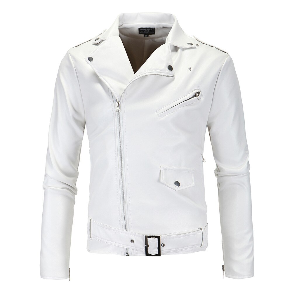 AKSR hommes veste en cuir col montant recadrée diagonale fermeture éclair Style Punk décontracté mince veste fausse fourrure manteau hommes taille chaude M-4XL: XP09 white / XXXL