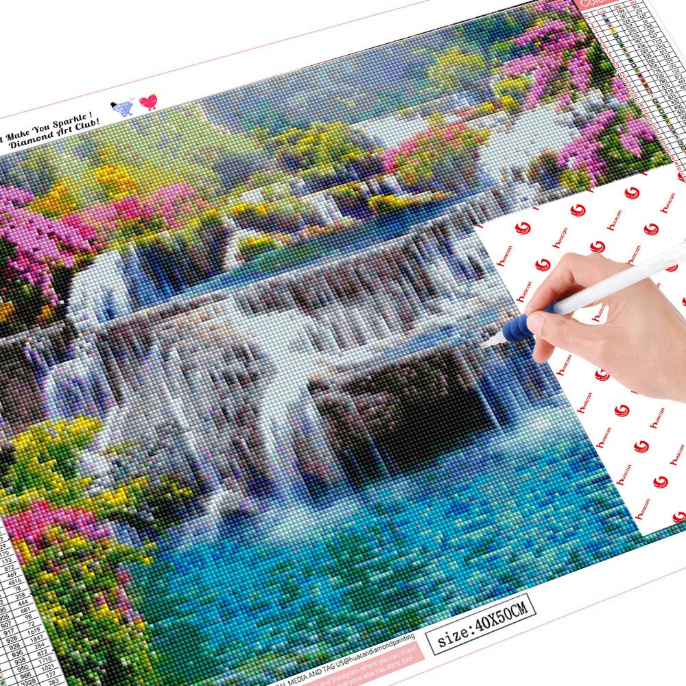 Huacan 5d diy diamantbroderi vandfald fuld firkantet/rund diamantmaleri korssting landskabsindretning
