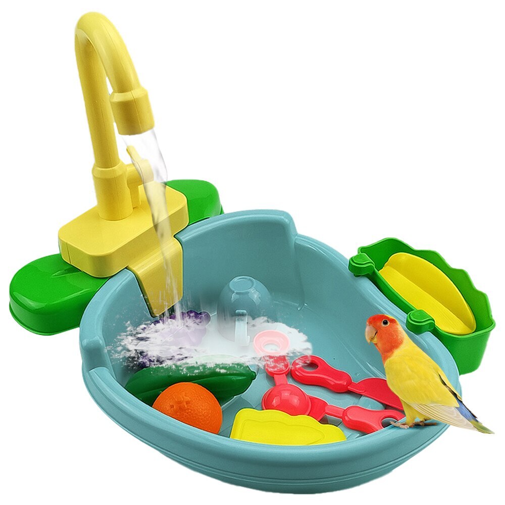 Automatic Bird Bath Tub with Faucet Pet Parrots Parakeet Cockatiel Fountains SPA Pool Shower Multifunctional Toy Cleaning Tool: blue