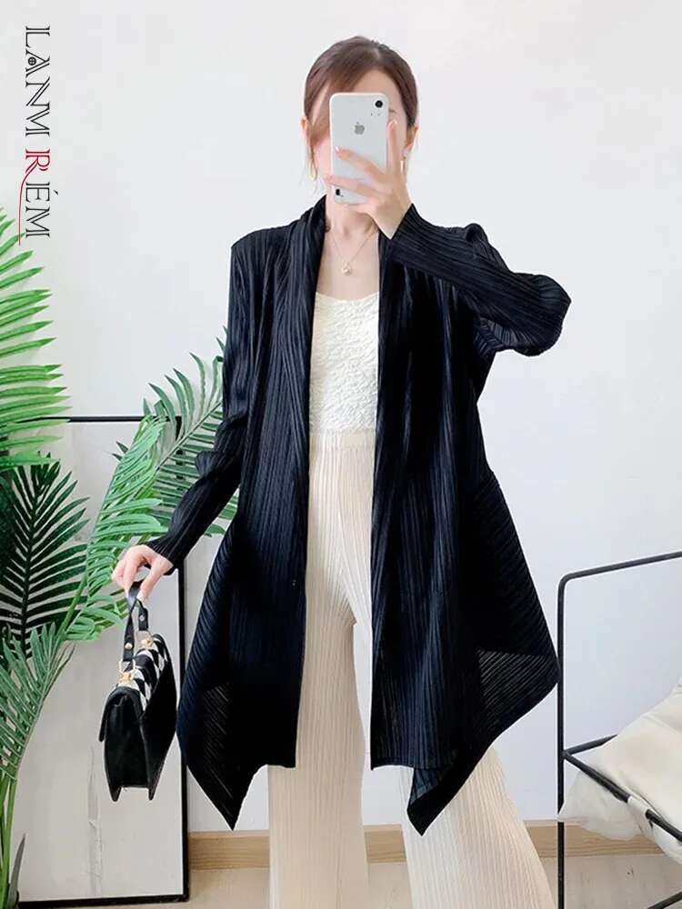 Lanmrem plissert trenchcoat cardigan vår tynn vindjakke langermet uregelmessig løs mellomlang kåpe 2 r 4617