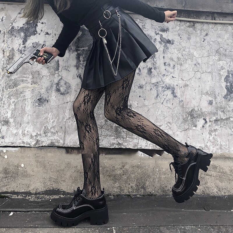 Collant gothique japonais en dentelle, bas en résille, noir, rétro, Rose, fleur, vigne, pantalon, amour, bas G, pour femmes