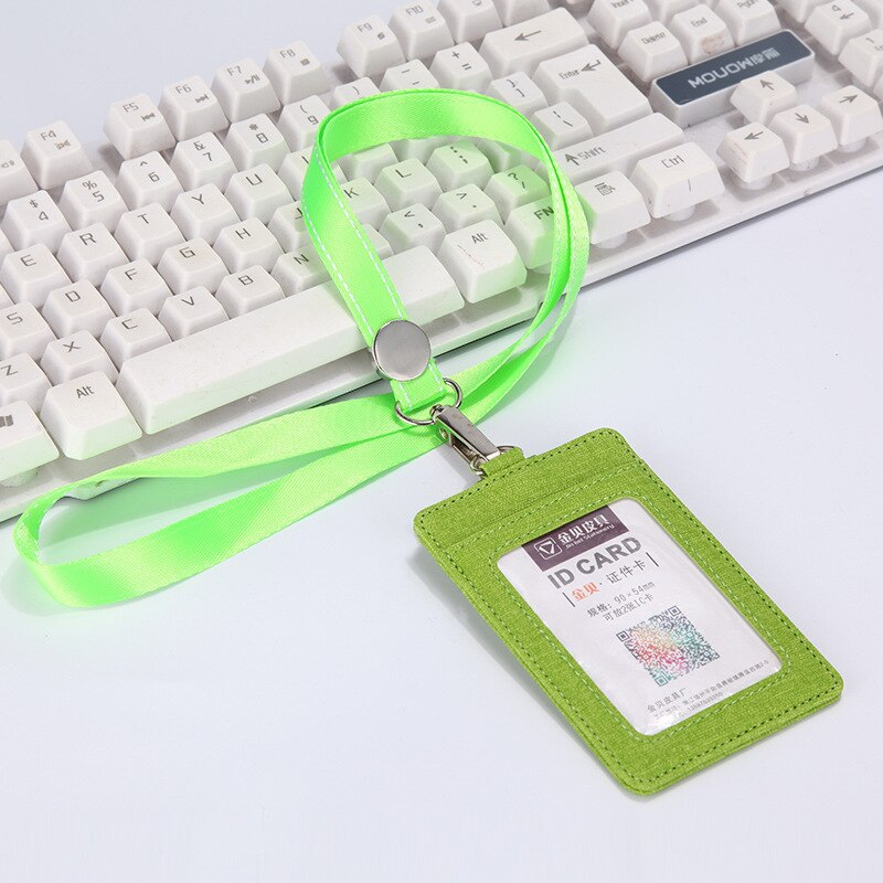 Work Badge Business Card Holder Men Women Worker with Rope Retractable PU Leather Employee Name ID Card Case Lanyard: green