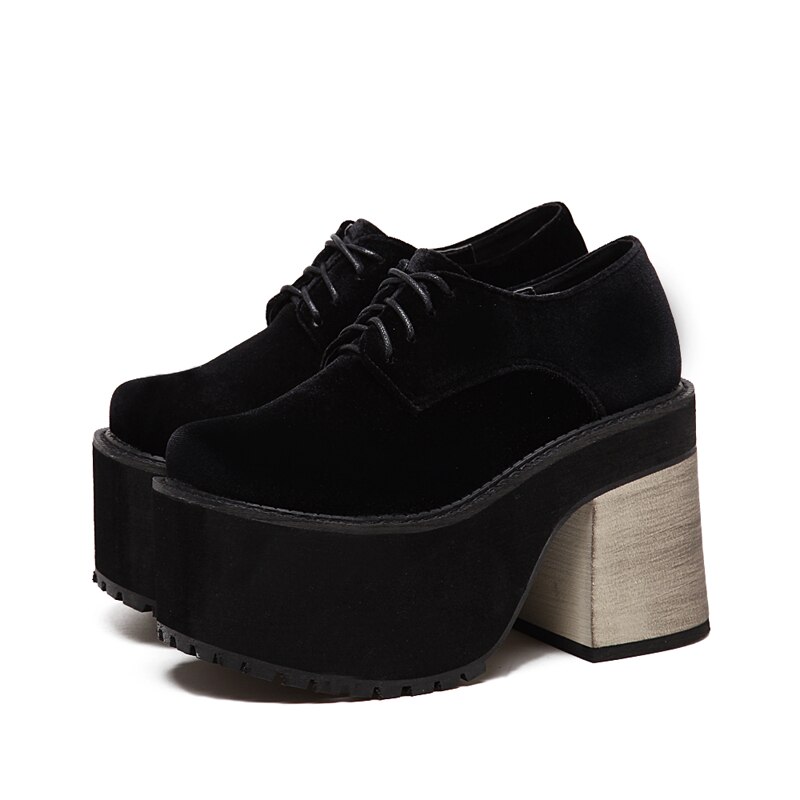 Sammet punk rock plattform klack skor kvinnor ankel boots tjocka klackar svart vin röd gröna skor