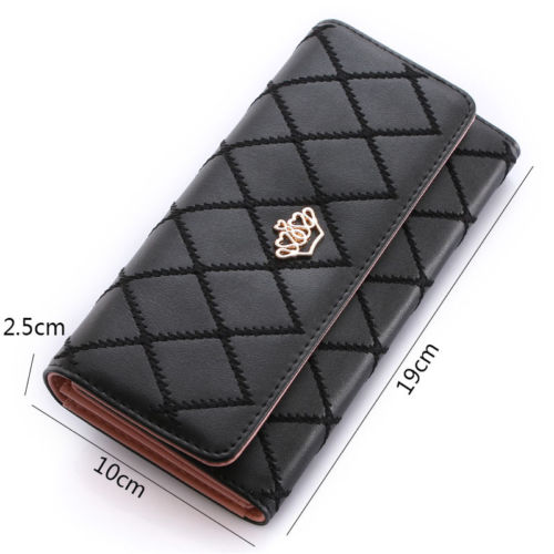 Lady Women Leather Bifold Wallet Clutch Card Holders Purse Lady Long Handbag Metal Crown Solid Smart Wallet