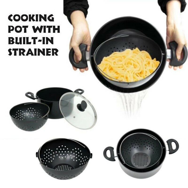 2-in-1 Stainless Steel Pot With Built-In Strainer Basket Not Sticky Pot For Kitchen Drain Pasta Vegetables