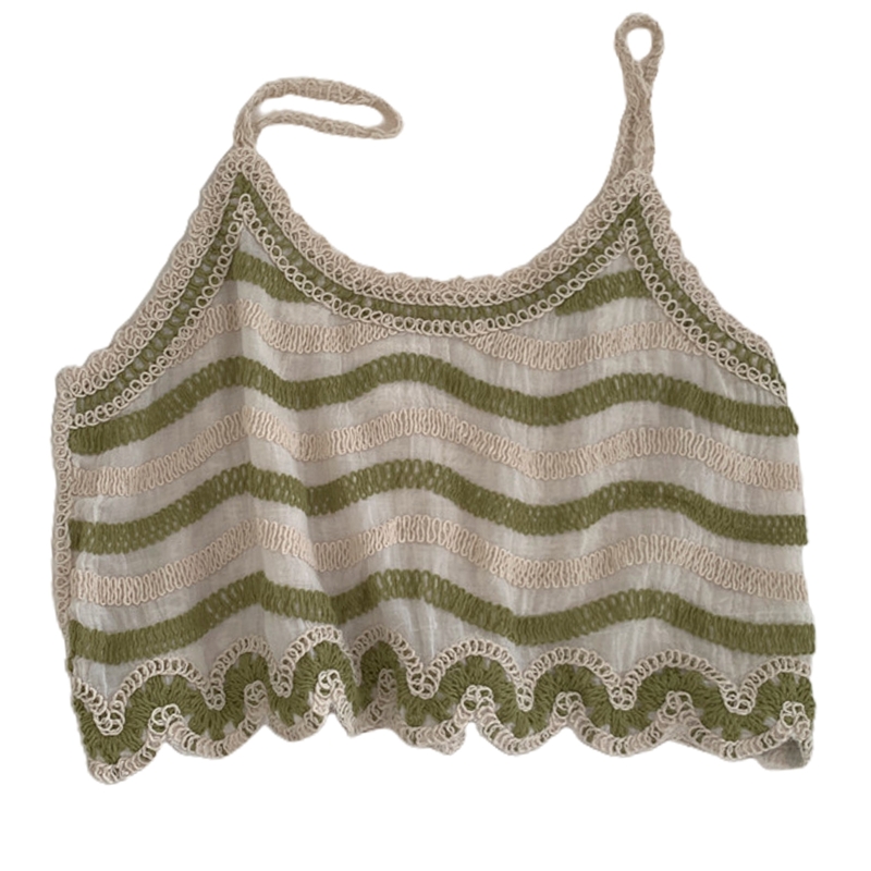 Camisola Vintage de lino y algodón para mujer, Top corto con tirantes finos y bordado de corazón a rayas, chaleco de ganchillo para playa: Oro