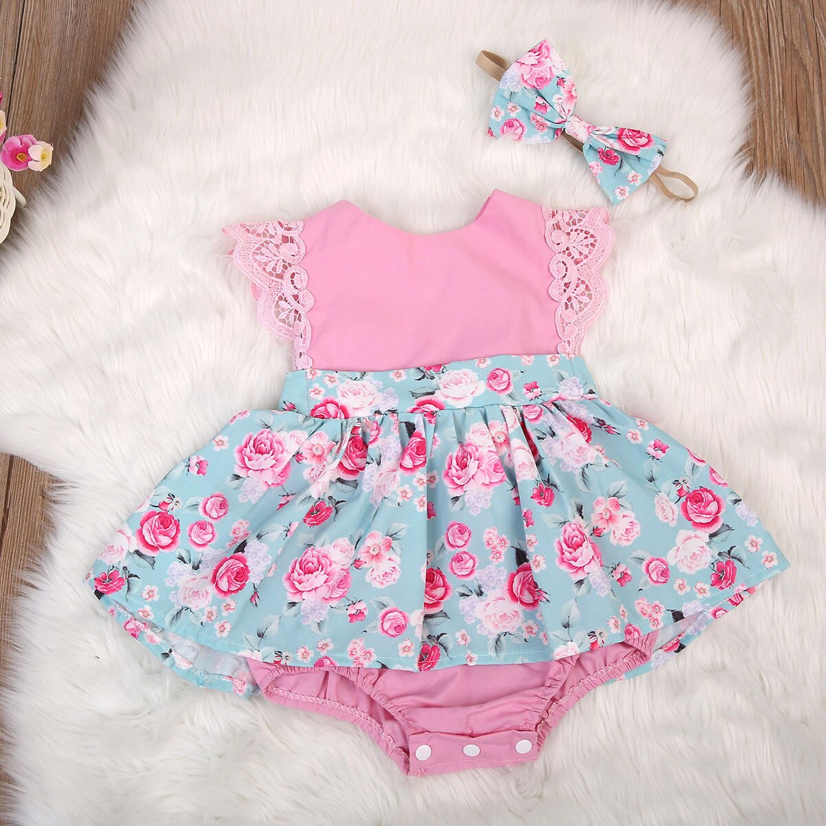 Babymeisjes kinderoutfits set bloemen rug kruis prinses romper kant vliegende mouwen jumpsuit feest zonnepak kleding: Roze / 12m