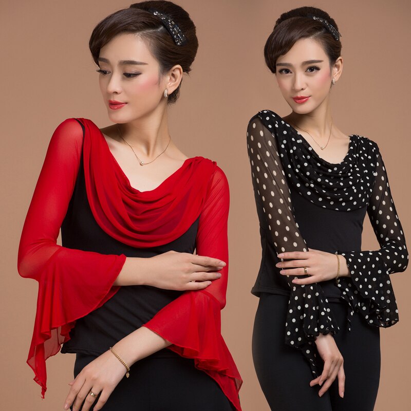 Top de baile latino para mujeres señora Tops de baile de salón sin pantalón mujeres negro rojo Dot Ballron ropa de entrenamiento de danza escénica 1029