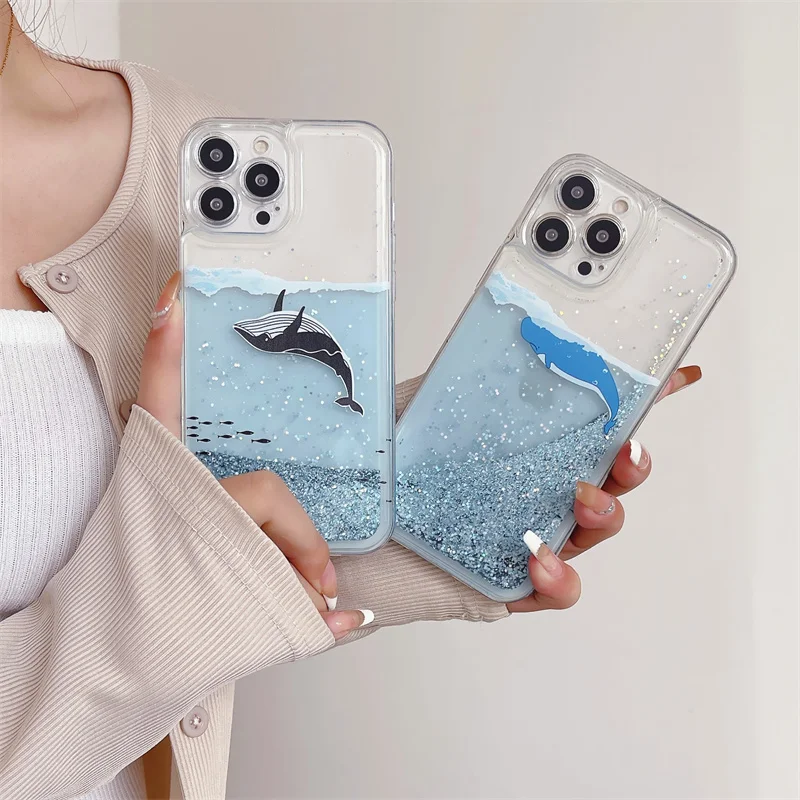 Glanzende Sparkles Drijfzand Case voor iPhone 13 14 Pro Max Cover Shark Dolphin El Iphones 16 15 15 Pro Funda Vloeibare Carcasa Zachte Romp