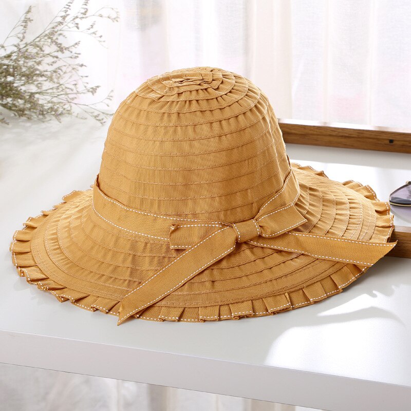 Women Hat Korea Style Bowknot Foldable Large Wide Brim Hats Anti-UV Adjustable Ladies Beach Sun Basin Caps: Bruin