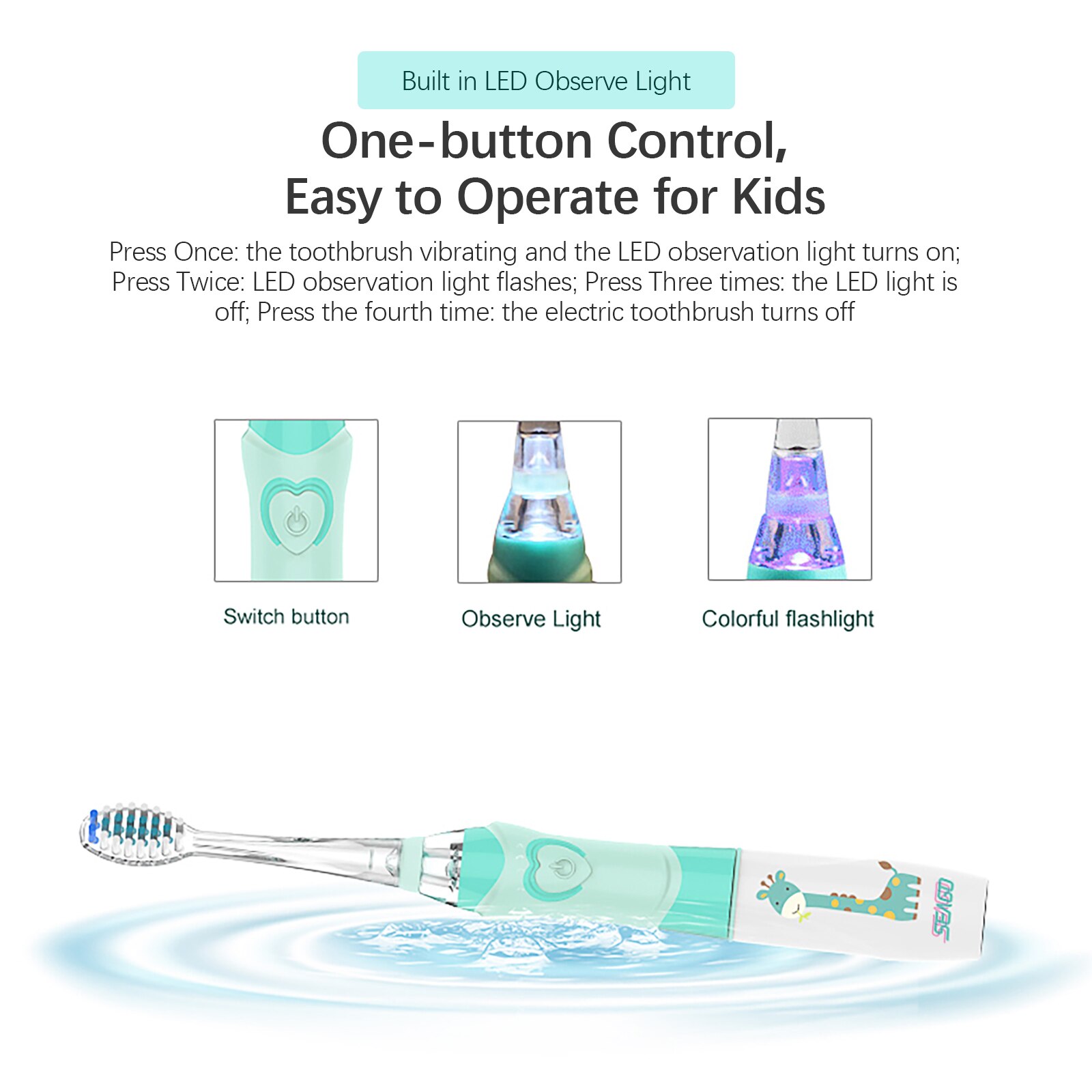 SEAGO Kinder Sonic Elektrische Zahnbürste Betriebene Wasserdichte LED Licht für 3-12 Alter Kinder Smart-Timer 3 Weichen Borsten pinsel Köpfe