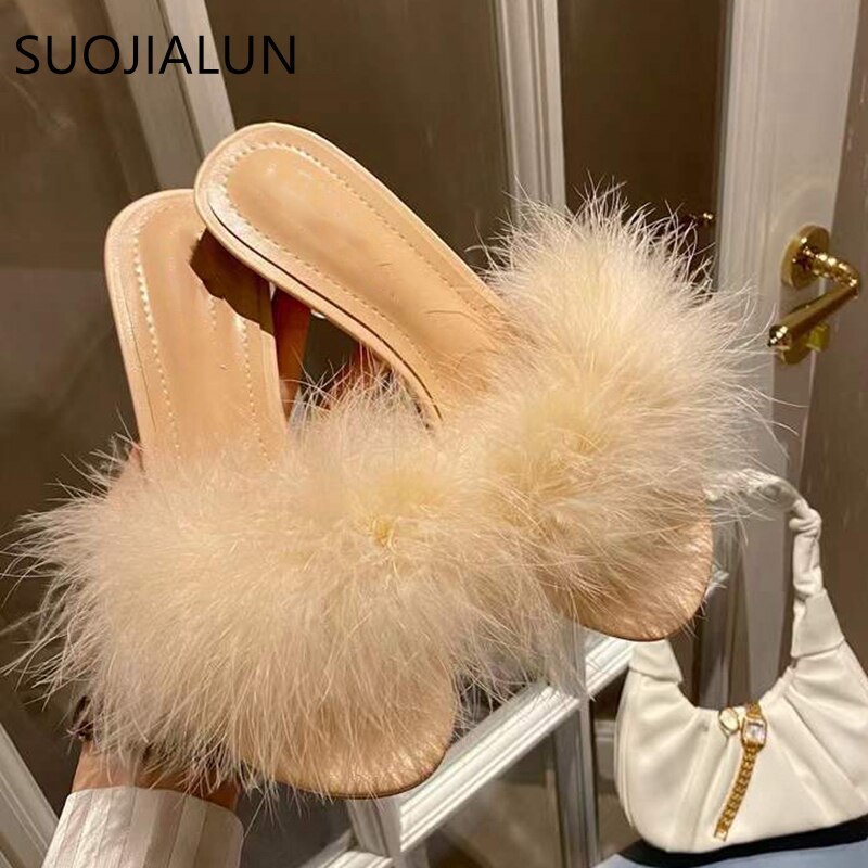 Suojialun kvinnor lurviga tofflor strutshår fluffig sandal dam tunn högklackat plysch slides varma tofflor sho