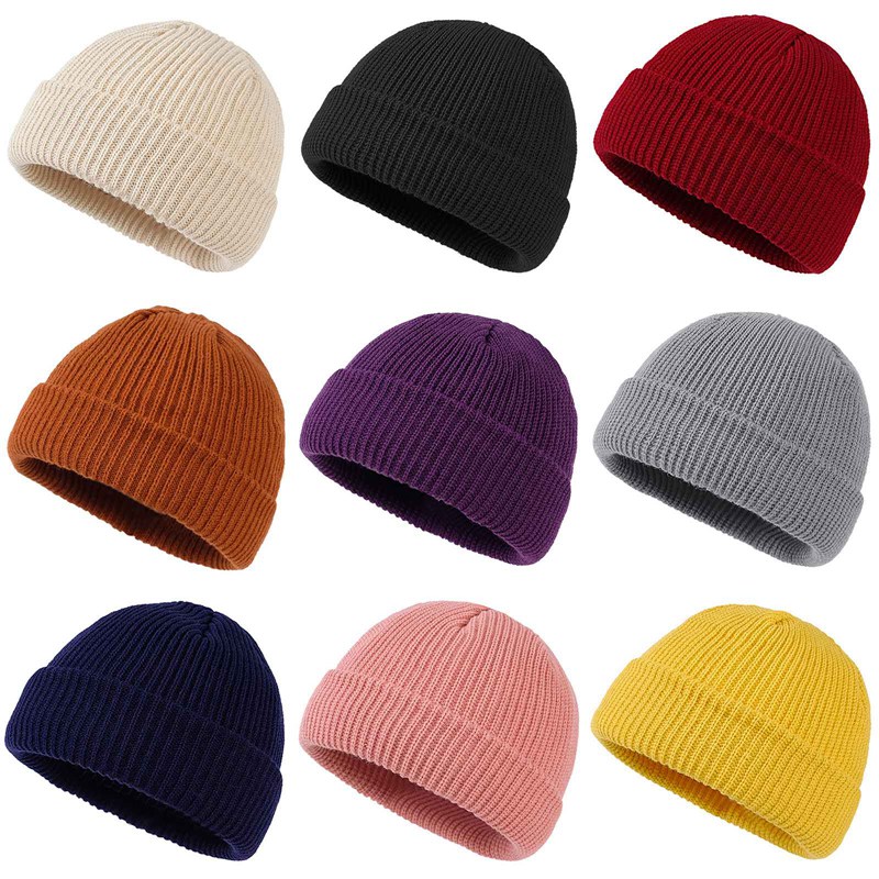 9 farver unisex hue hue ribstrikket vinterhue med manchet varm kort hue ensfarvet kalot baggy til voksen hue