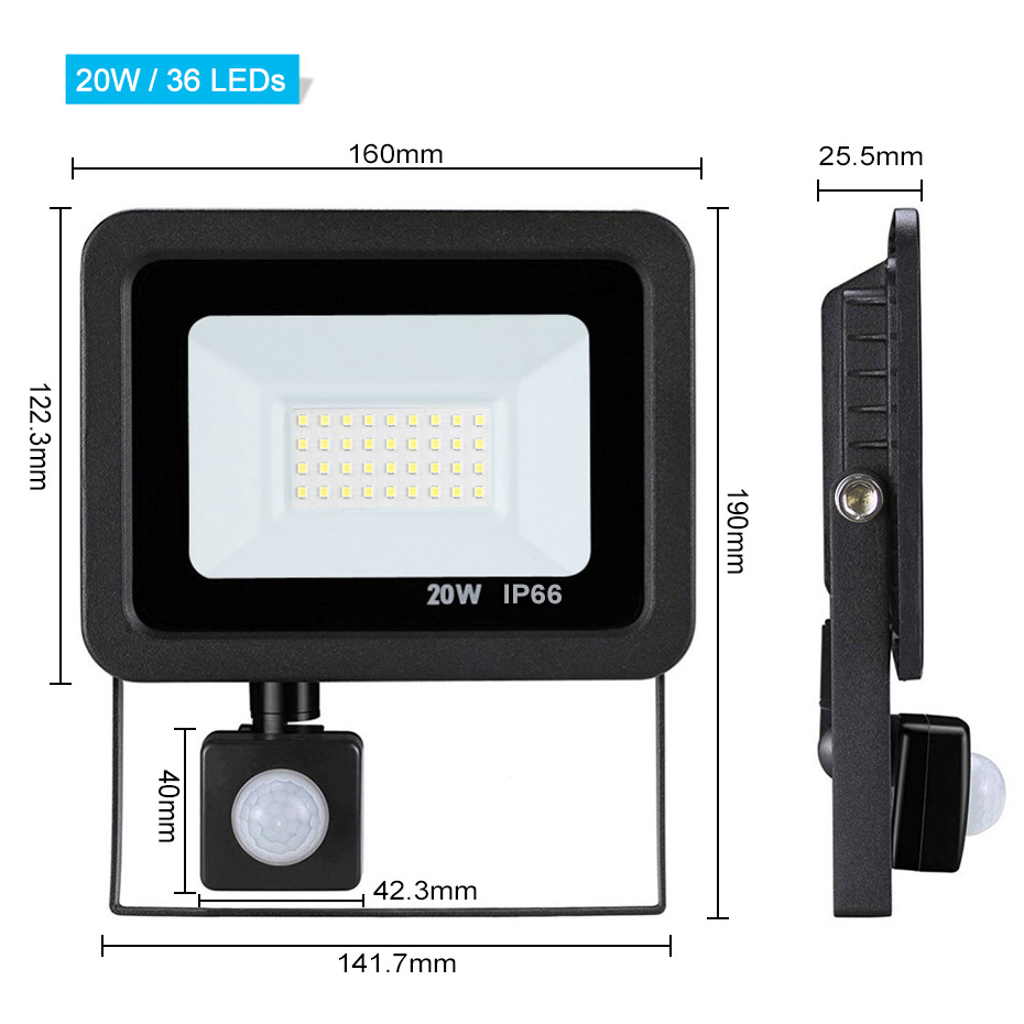 Ledet pir bevegelsessensor justerbart flomlys 10w 20w 30w 50w vanntett  ip66 220v flomlys hagespotlight utendørs vegglampe: 20w