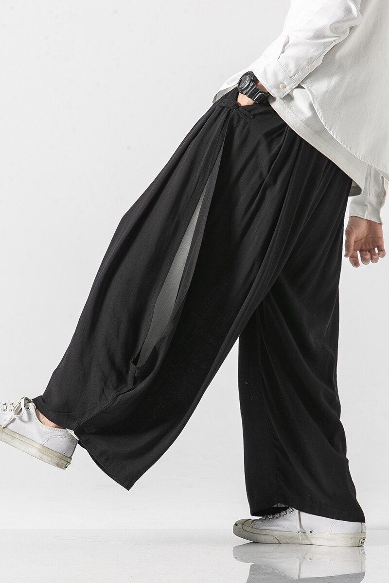 Mænd bukser i linned med brede ben mand harajuku streetwear haremsbukser mandlig kinesisk stil hanfu kongfu sorte bomuldsbukser nederdel