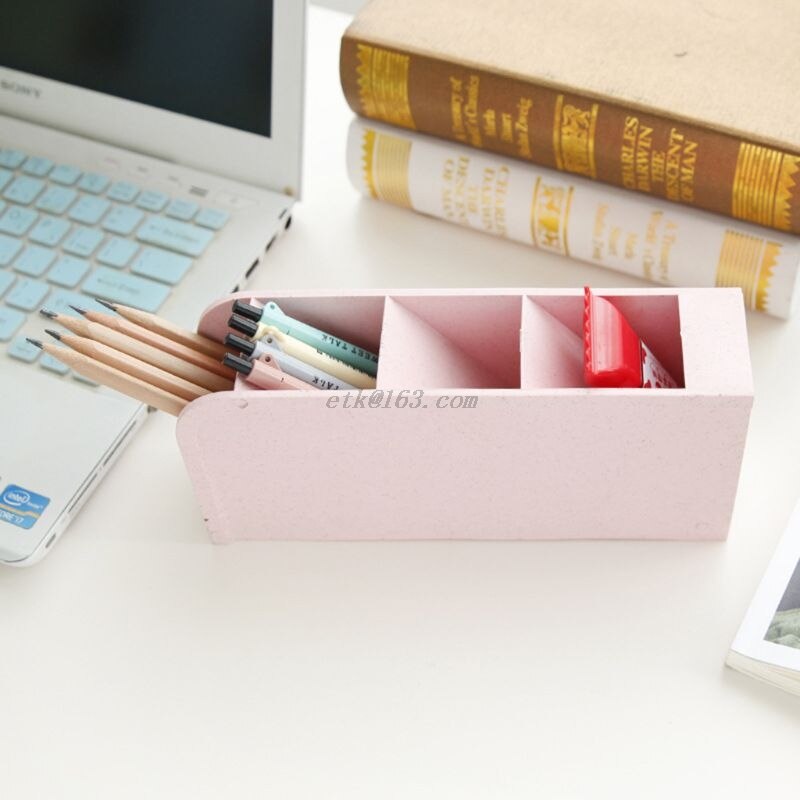 Multi-function 4 Grid Desktop Pen Holder Office School Storage Case Box Wheat Straw Desk Pencil Organizer Stationery