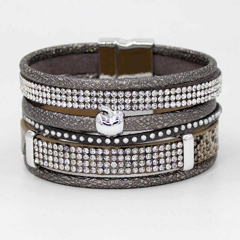 frauen Multi-Schicht-Armbinde Armbinde spleißen Leder Seil Strass Weiblichen wickeln Magnetische Verschluss Armbänder: B053b