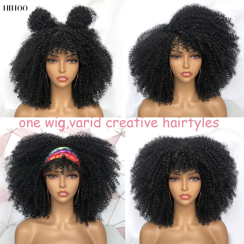 Short Hair Afro Kinky Curly Wigs With Bangs For Black Women Cosplay Lolita Synthetic Natural Blonde White Pink Blue Green Wig