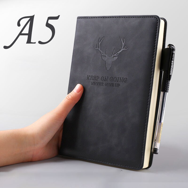 A4 Notebook Ultra-thick Thickened Notepad Business Soft Leather Work Meeting Record Book Office Diary Sketchbook Students Cute: Classic black A5