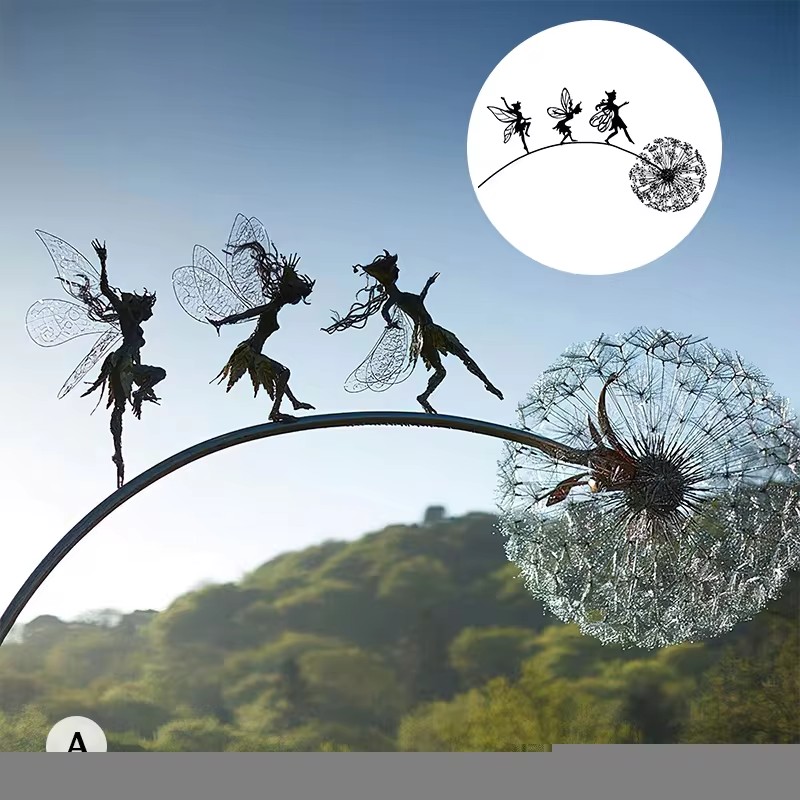 Tanzende Feenstatue, Stahldrähte, Feen-Elf, Löwenzahn, Miniatur-Skulptur, mythische Gartenfigur, Feen, Pixies, Hofdekoration