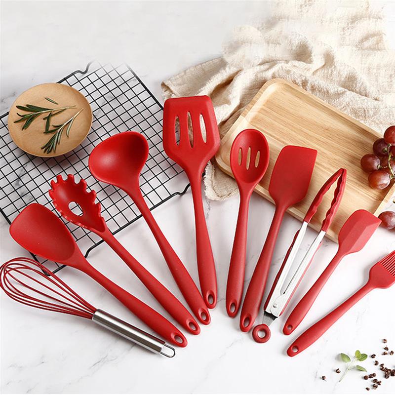 Ustensile de cuisine rouge Silicone Premium ustensile en acier inoxydable résistant à la chaleur antiadhésif sûr ustensiles de cuisine maison outil fournitures de cuisine