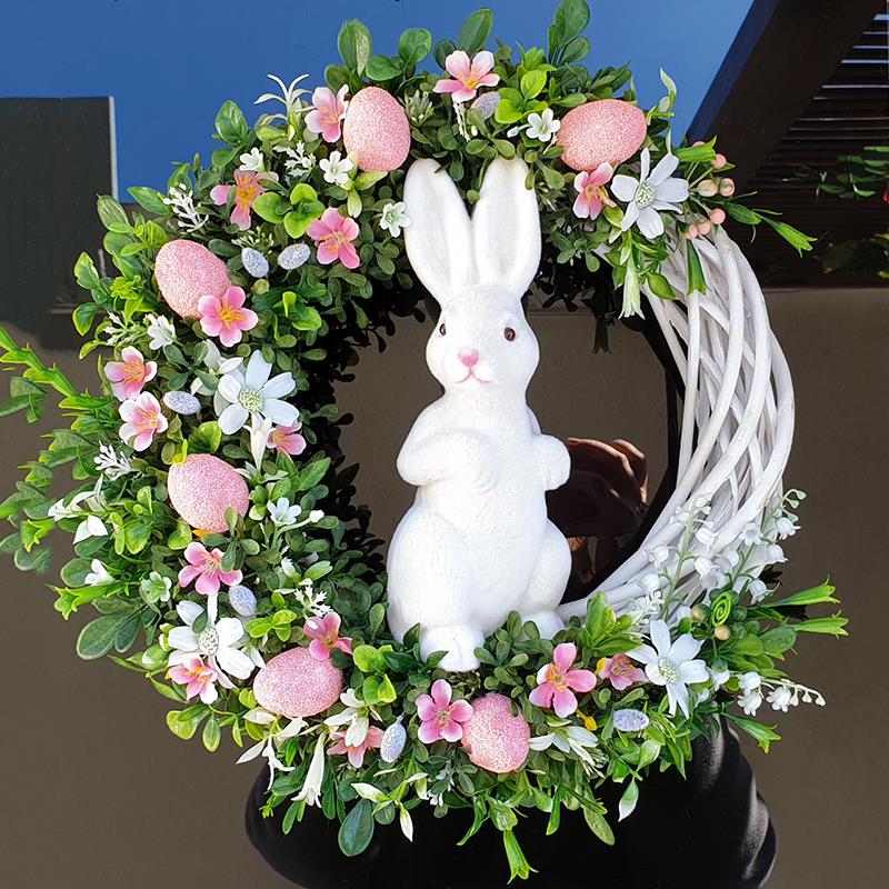 Corona con estampado de conejo de pascua, colgante de huevo de conejo para , decoración de Ambiente, decoración de pared para el hogar, accesorios,: Pink Rabbit Wreath