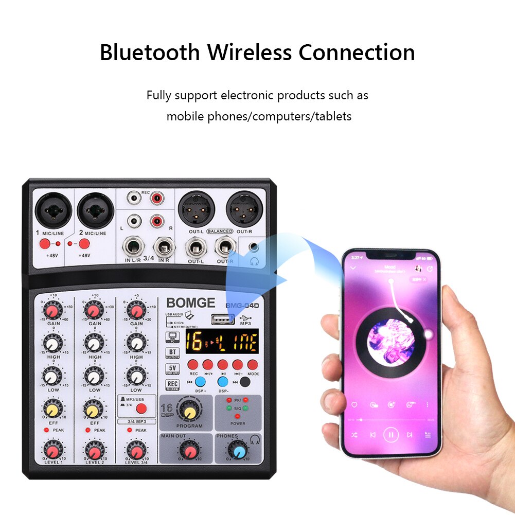 Wireless 4 Channels Audio Sound Mixer Mixing DJ Console USB Interface Sound Card with 48V Phantom Power 16 DSP Effects