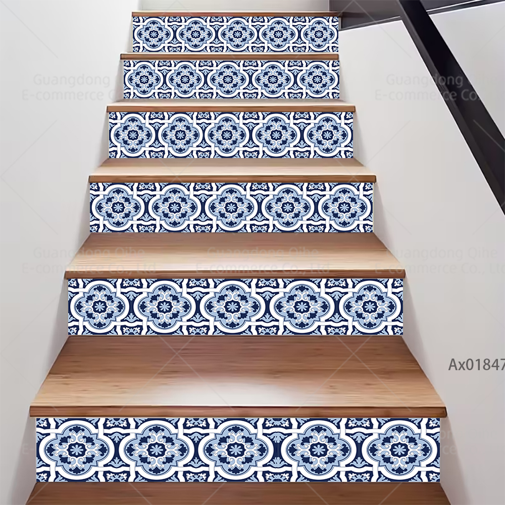 Minimalistische blauwe bloemen trapsticker, zelfklevende trapbekleding, duurzame decoratie voor binnentrappen, plintstickers, muurschilderingstickers.: Xl / Lichtgeel
