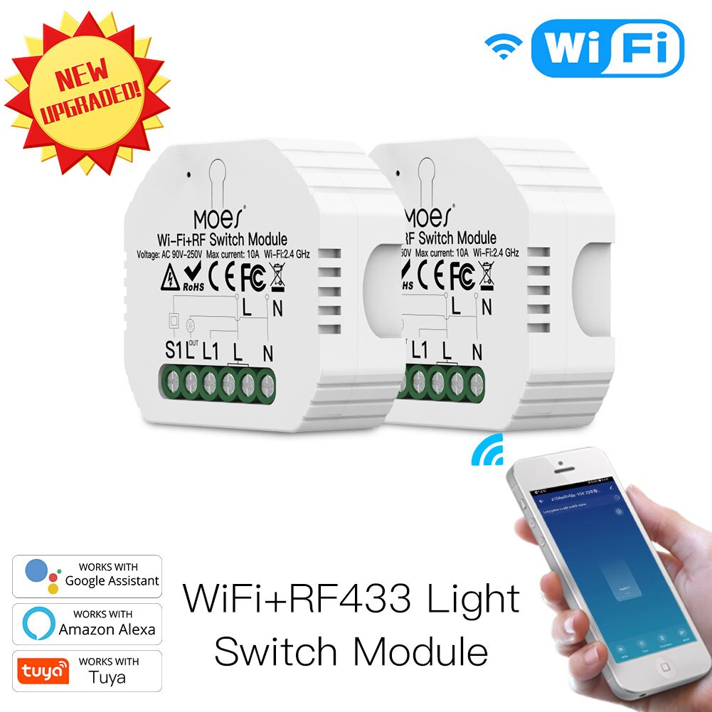 Mini DIY WiFi RF433 Smart Relay Switch Module Smart Life/Tuya App Control, Work with Alexa Google Home 1 Gang 1/2 Way: 2 PCs