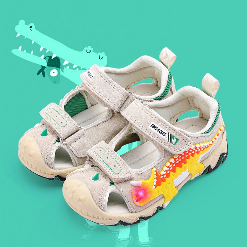 Dino Zomer Jongens Kinderen Sandalen Knipperende Dinosaurus Lederen Kids Led Light Up Casual Outdoor Strand Schoenen Ademend Sandaal 27-34: Beige-LED / 29 (US size 12)